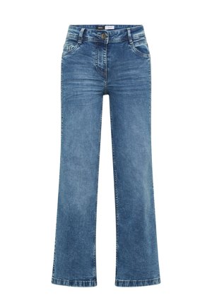 Blaue, hochgeschnittene, gerade geschnittene Jeans aus Denim mit vorderen Taschen, Gürtelschlaufen und Knopfverschluss.