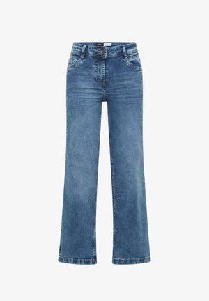 Blauwe high-waist rechte spijkerbroek met voorzakken, riemlussen en een knoopsluiting.