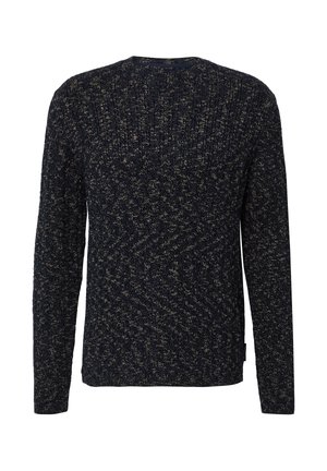 Pull en tricot bleu marine et beige marbré avec des manches longues et un motif côtelé, col rond et ourlet droit.