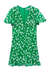 Rochie florală verde cu mâneci scurte tip puff, decolteu în V, talie strânsă și tiv volanat. Modelul prezintă flori și frunze albe.