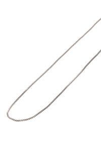 Hopeaketju hopeanvärisistä lenkeistä, jossa on tasainen ja sileä pinta sekä pieniä suorakulmaisia lenkkejä. Suunnittelu on joustava ja tasainen koko pituudeltaan.