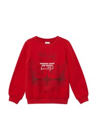 Rood sweatshirt gemaakt van een katoenmix. Heeft een ronde halslijn, lange mouwen en een grafische print van zwanen met de tekst "VRIENDEN MAKEN DE WERELD MOoi."
