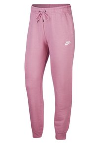 Rosa Nike träningsoveraller gjorda av mjukt material, med elastisk midja och snörning, avsmalnande anklar och en vit logo på låret.