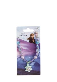 Collana a tema Frozen con perline traslucide viola e blu, accenti in argento e un pendente centrale a forma di stella di un personaggio.