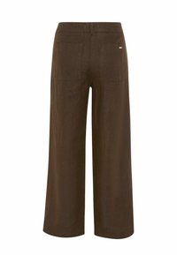Pantalon marron à jambes larges avec une taille élastique et deux poches plaquées à l'arrière, vu de dos sur un fond blanc.