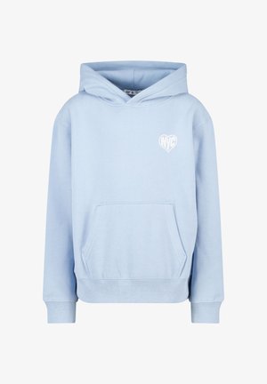 Light blue hooded sweatshirt made of soft fabric, featuring a front pocket and a white "NYC" heart logo on the left chest.