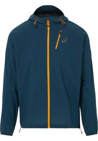 Veste à capuche bleu marine avec fermeture éclair orange et fermeture éclair sur la poche poitrine, poignets élastiques et logo sur le côté gauche de la poitrine.