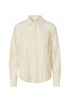 Kremfarget langermet bluse med subtile vertikale teksturerte striper og blomsterbroderi, knappelukking foran og klassisk krage.