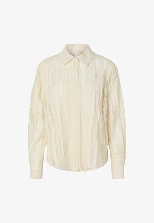 Kremfarget langermet bluse med subtile vertikale teksturerte striper og blomsterbroderi, knappelukking foran og klassisk krage.
