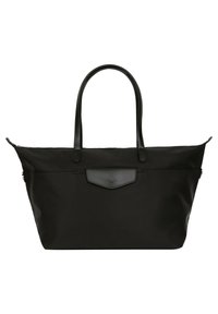 Zwarte totebag van nylon met leren accenten, voorzien van twee handvatten, een platte vorm en een ritsluiting. Minimalistisch design zonder patronen.