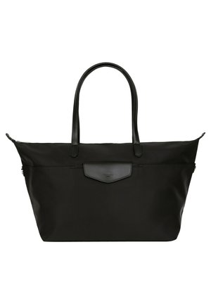 Borsa tote nera in nylon con dettagli in pelle, dotata di due manici, forma piatta e chiusura con zip. Design minimalista senza motivi.