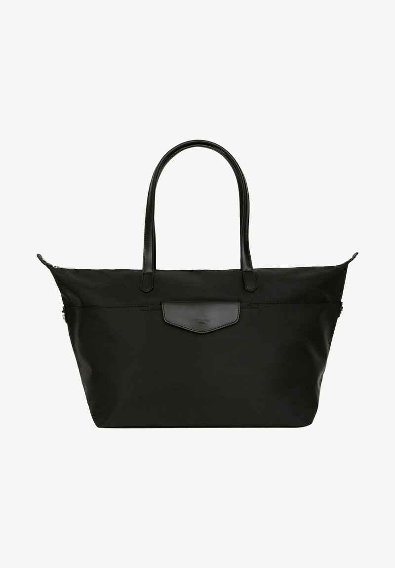 Borsa tote nera in nylon con dettagli in pelle, dotata di due manici, forma piatta e chiusura con zip. Design minimalista senza motivi.