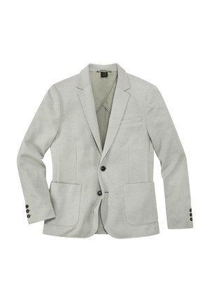 Light gray single-breasted blazer with notch lapel, two front patch pockets, chest pocket, and black buttons on cuffs and front.