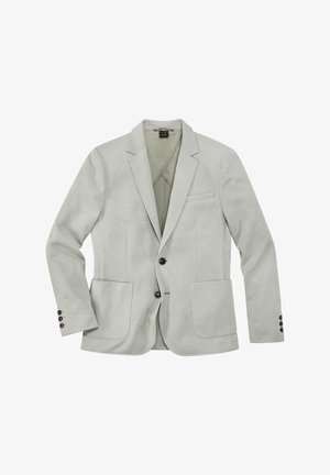 Light gray single-breasted blazer with notch lapel, two front patch pockets, chest pocket, and black buttons on cuffs and front.