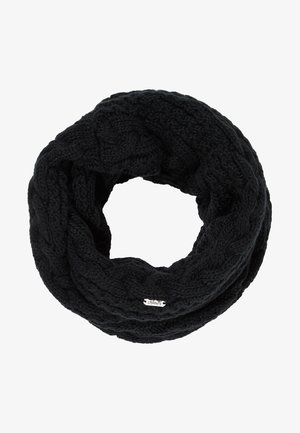 Écharpe infinie noire épaisse en tricot avec motif torsadé et petite étiquette de marque blanche portant l'inscription "chillouts" sur fond blanc uni.