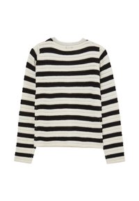 Maglione a righe in bianco e nero con un classico scollo a giro, maniche lunghe e una texture lavorata a maglia con taglio dritto all'orlo.