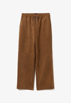 Pantalon marron à jambes larges avec ceinture élastique et cordon de serrage, fabriqué en matière douce semblable au daim.