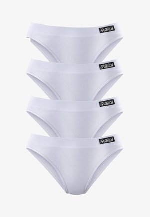 Conjunto de cuatro braguitas de bikini de algodón blanco con cinturilla elástica y etiqueta negra "FASHION" en un lado. Textura suave y diseño clásico.