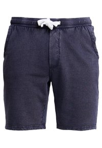 Bermudas azul marino de tela vaquera, con una cintura elástica ajustable, dos bolsillos laterales y un corte relajado.