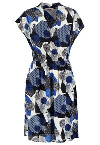 Robe à manches courtes avec taille élastique, présentant des motifs géométriques et floraux bleus, noirs et blancs.