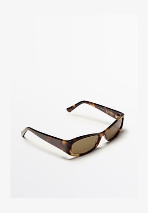 Tortoiseshell sunglasses with rectangular frames, brown tinted lenses, and sleek arms. Smooth plastic material with a glossy finish.