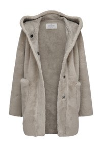 Graúer Kapuzen-Mikrofaserfellmantel mit Fronttaschen und Druckknopfverschlüssen, Innenfutter mit weicher Textur sichtbar.