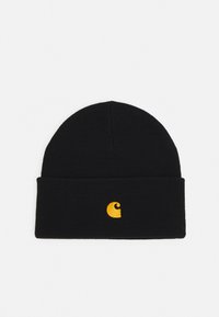 Black knit beanie with a folded cuff. Features a small yellow embroidered logo on the front. Soft texture, rounded top shape.