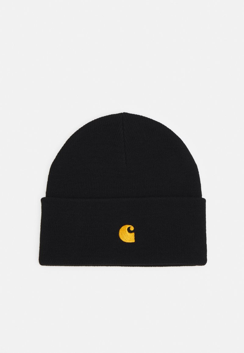 Black knit beanie with a folded cuff. Features a small yellow embroidered logo on the front. Soft texture, rounded top shape.