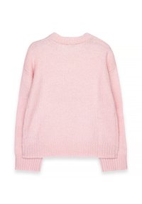 Mīksts rozā adīts džemperis ar garām piedurknēm, ribotām aprocēm, apakšmalu un apaļu kakla izgriezumu, redzams no aizmugures uz baltas fona.