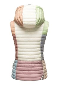 Gequilte, mouwloze vest met een meerkleurig ontwerp in tinten van roze, groen, crème en blauw. Textuurstof met een capuchon.