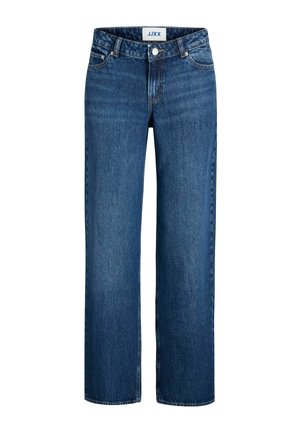Jean droit bleu en denim avec fermeture par boutons et design cinq poches, vue de face sur fond uni.