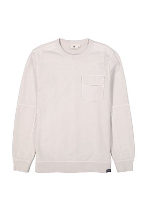Hellbeige Langarm-Sweatshirt aus weicher Baumwolle. Verfügt über eine Brusttasche, gerippte Bündchen und einen Rundhalsausschnitt mit flachen Nähten.
