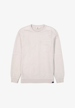 Sudadera de manga larga en beige claro, hecha de algodón suave. Cuenta con un bolsillo en el pecho, puños acanalados y un cuello redondo con costuras planas.