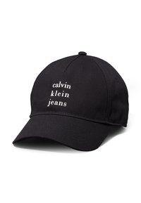 Juodas medvilninis kepurė, su balta užrašu "calvin klein jeans" priekyje. Iškraipytas skydelis, struktūrizuota forma ir reguliuojama juosta.