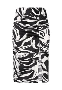 Fustă creion cu dungi în stil zebra alb-negru, cu detalii de fronzare și o deschidere pe lateral, fabricată dintr-un material neted, având o siluetă ajustată.