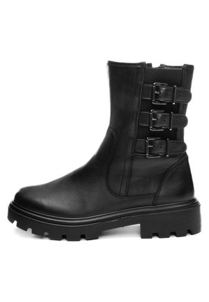 Black leather ankle boot with chunky sole and three adjustable side buckles on the upper shaft.