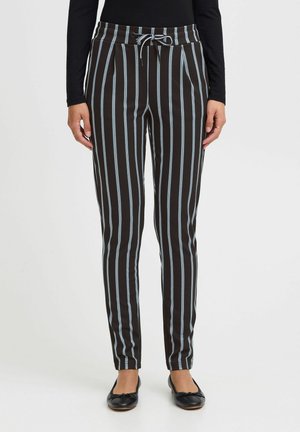 Pantalons noir à rayures avec des lignes verticales bleu clair, dotés d'une taille élastique avec cordon de serrage ajustable et d'une coupe droite.