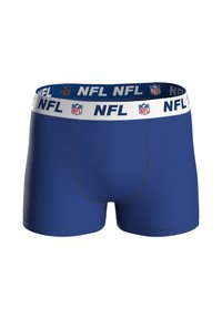 Niebieskie bokserki z białym elastycznym paskiem w talii z logo i napisem "NFL". Gładka tkanina z detalami kontrastowego przeszycia.