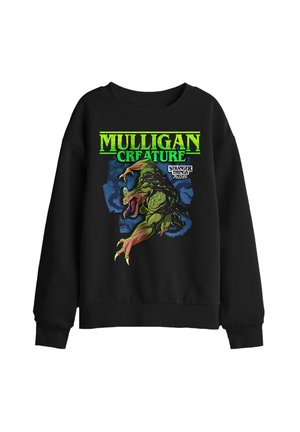 Schwarzer Sweatshirt mit grünem Text "Mulligan Creature" und einem großen Motiv einer grünen, klauenbewährten Kreatur aus Stranger Things Tales 85.