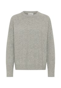 Hellgrauer Pullover mit Rundhalsausschnitt aus weichem, strukturiertem Stoff. Verfügt über lange Ärmel sowie gerippte Bündchen und Saum und bietet eine lockere Passform.