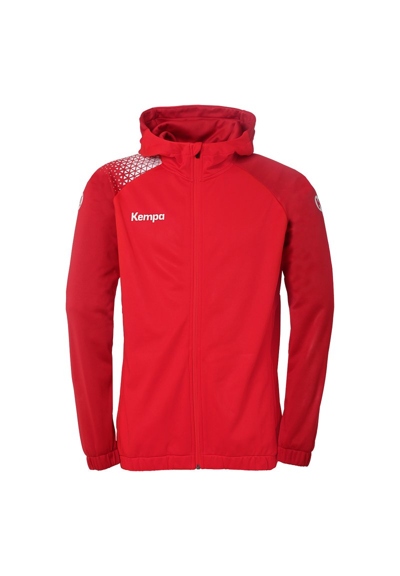 Rød lynlåsjakke med hætte, der har et geometrisk mønster på den ene skulder, broderet logo og elastiske manchetter og søm.