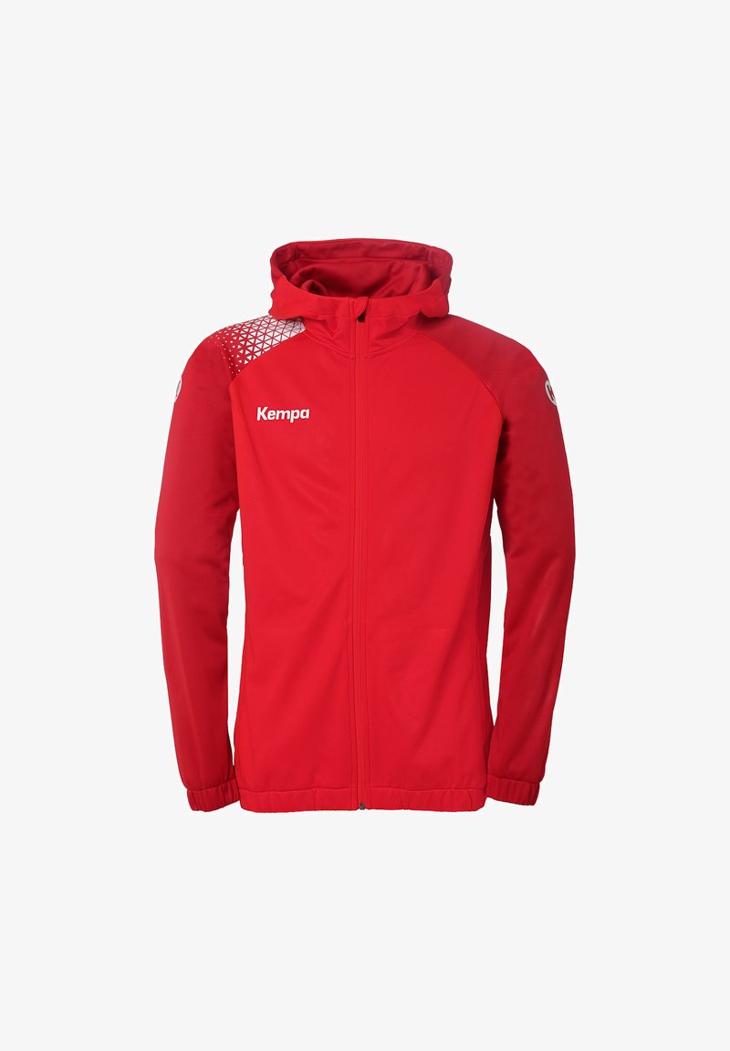 Rød lynlåsjakke med hætte, der har et geometrisk mønster på den ene skulder, broderet logo og elastiske manchetter og søm.