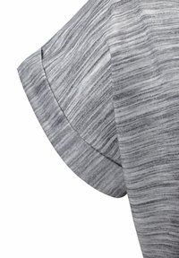 Gray textured fabric with a heathered pattern. Short rolled sleeve design, showcasing a soft, comfortable appearance.
