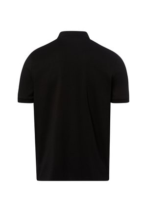 Zwart poloshirt met korte mouwen en kraag, gezien van achteren op een witte achtergrond.