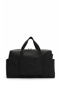 Black duffel bag made of durable material, featuring two short handles, a front pocket, and a side pocket for added storage.