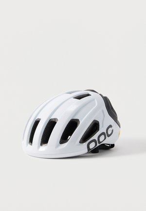 Cască de bicicletă aerodinamică albă cu mai multe fante de ventilație și căptușeală interioară neagră, cu sigla „poc” pe partea laterală.