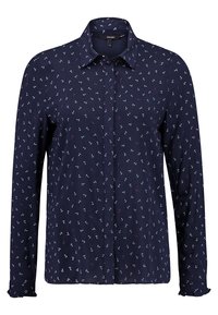 Camicia blu navy con maniche lunghe, caratterizzata da un motivo di ancore bianche e rosa, tessuto morbido e polsini arricciati.