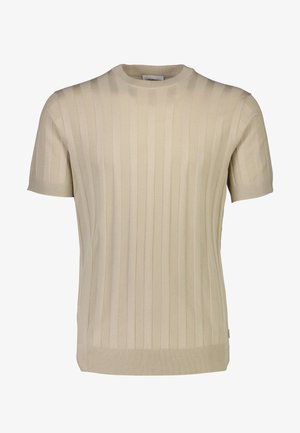 Bež džemper s kratkim rukavima, pleten s vertikalnom rebrastom teksturom i okruglim izrezom. Trajna tkanina i uski kroj, s ravnim rubom.