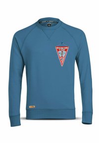 Blauwe sweatshirt met een ronde halslijn en raglanmouwen. Heeft een driehoekig rood en wit logo op de borst. Zachte stoftextuur.