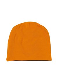 Orange knit beanie hat with a soft, smooth texture; dome-shaped design with slight gathers at the crown and a snug fit at the base.